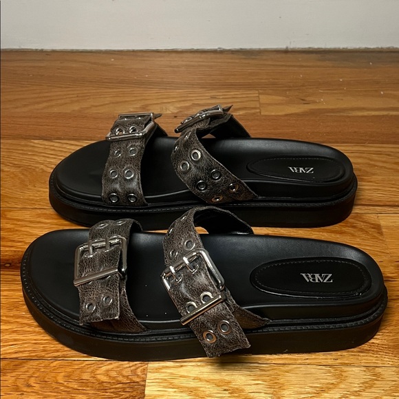 Zara Brown Sandals with Silver Buckles - Picture 2 of 4